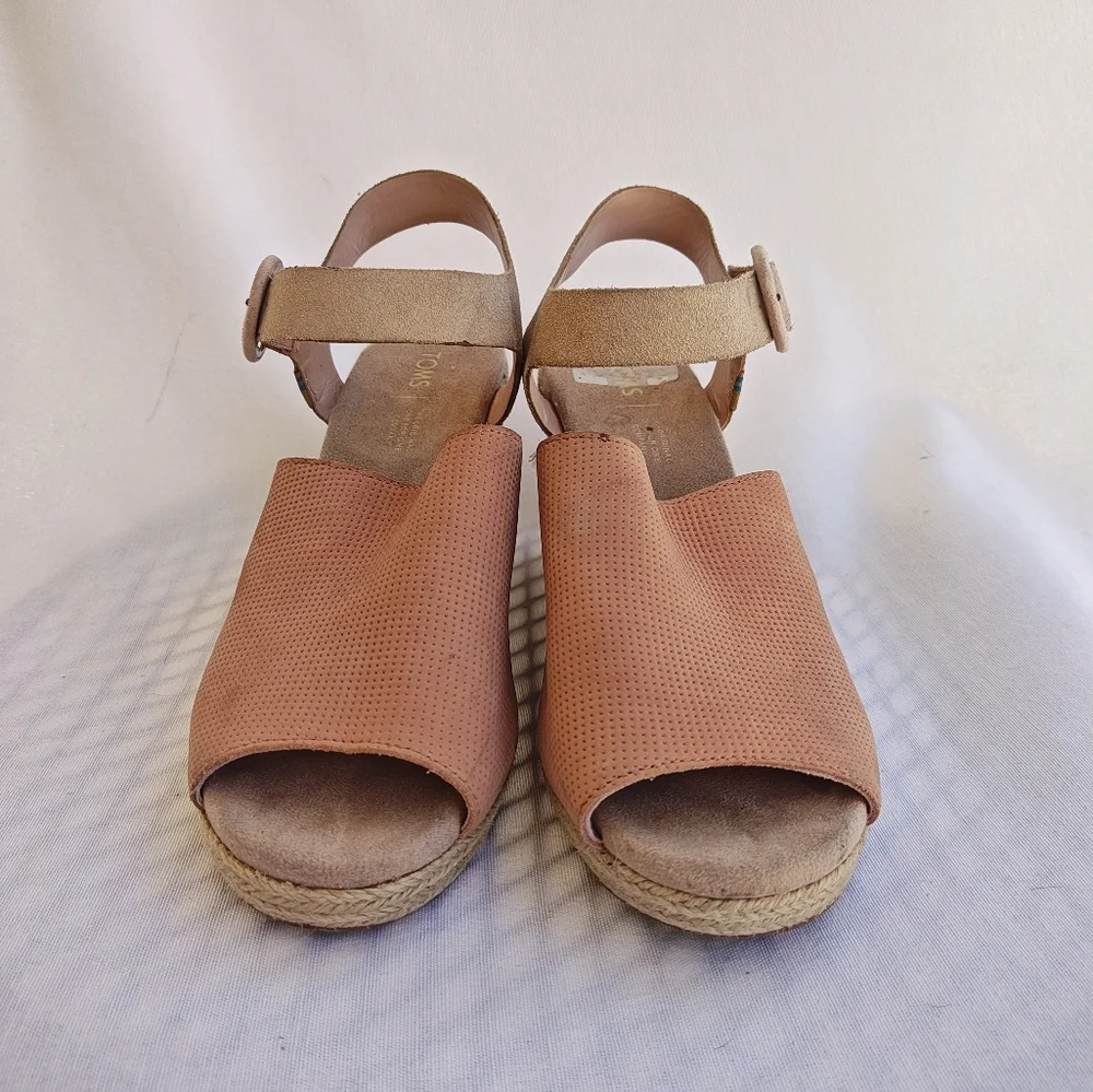 TOMS Tropez Wedge Sandal Nubuck‎ Leather Open Toe Cork 10 Tan Peach Beige